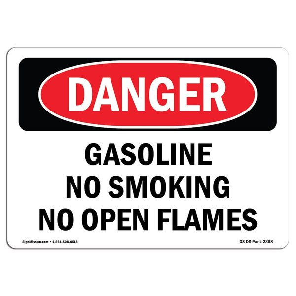 Signmission OSHA Danger Sign, Gasoline No Smoking No Open Flames, 14in X 10in Decal, 10" W, 14" L, Landscape OS-DS-D-1014-L-2368
